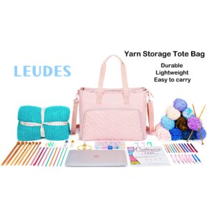 Leudes Crochet Tote Bag, Knitting Bag Fits 15.6 Inch Laptop Yarn Storage Organizer Large Yarn Holder Hook Case for Knitting & Crochet Supplies (Pink)