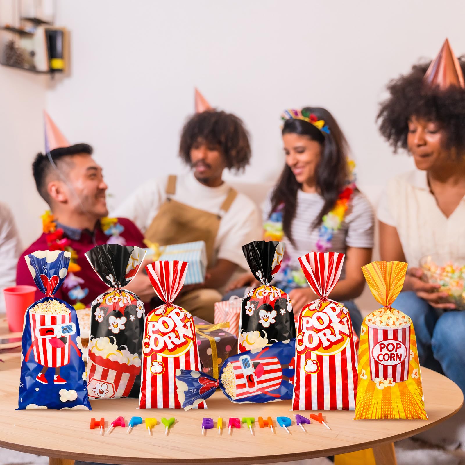 Teling 100 Pcs Popcorn Bags for Party, Popcorn Treat Bags Set, 100 Pcs Candy Bags Red White Stripe Cookie Snacks Bags with 150 Red Twist Ties for Christmas Carnival Birthday Party Favor (Cute Style)