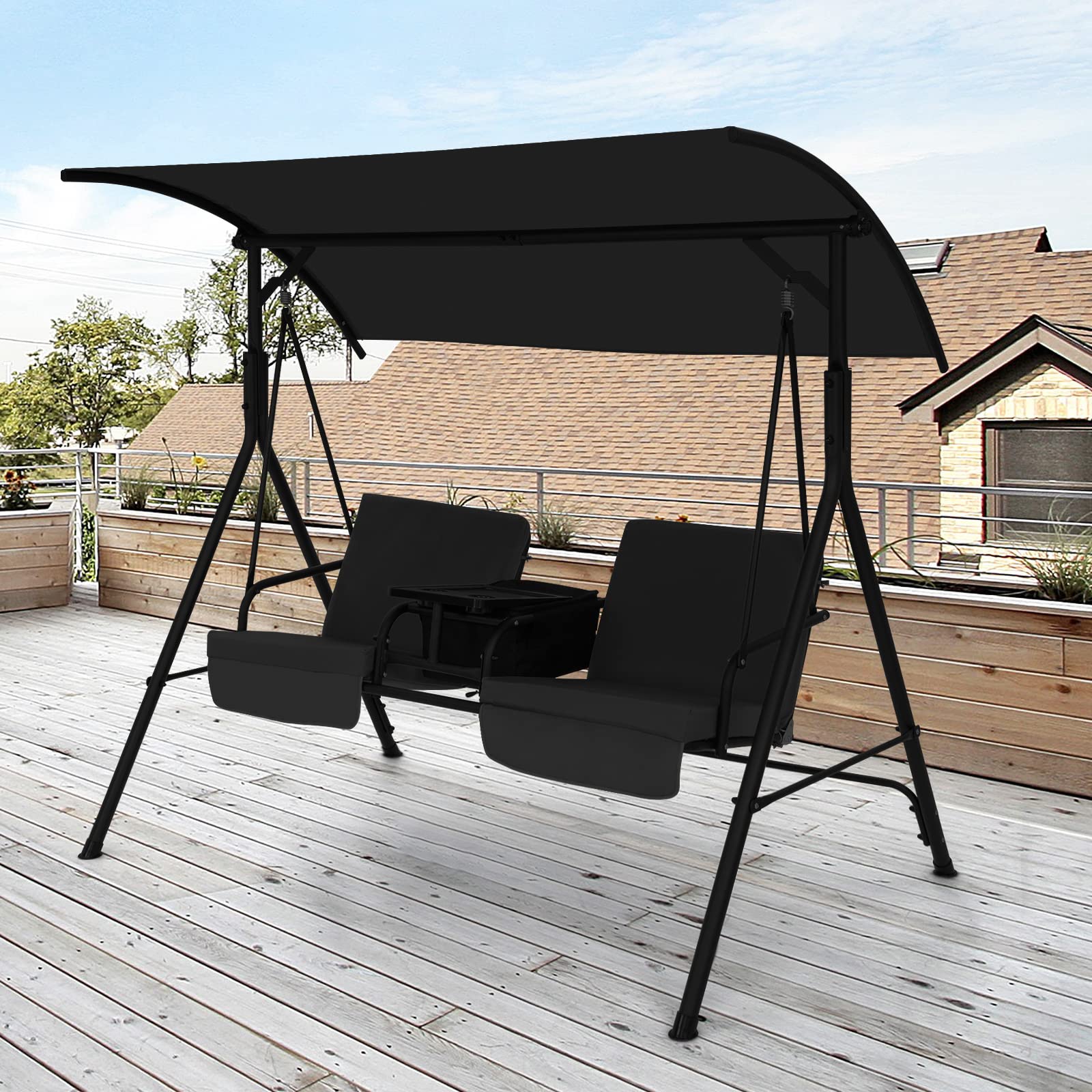 Happygrill 2 Person Porch Swing with Canopy, Outdoor Patio Swing with Center Tray & 6 Gal Cooler Bag, 2 Back Cushions & 2 Seat Cushions Included