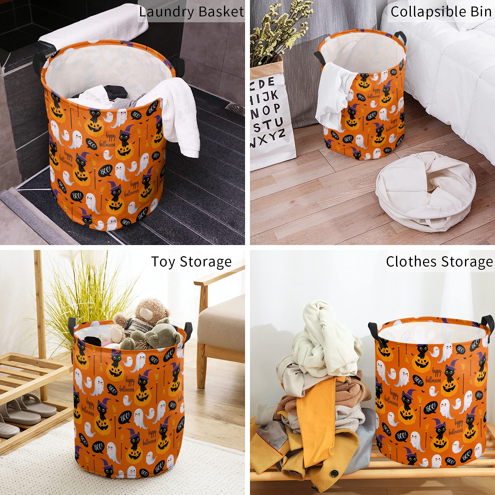 Laundry Basket,Halloween Black Cat Ghost Pumpkins Waterproof Clothes Hampers with Handle,Boo Witch Hat Broom on Orange Large Collapsible Storage Bag for Bedroom Bathroom 16.5x17In