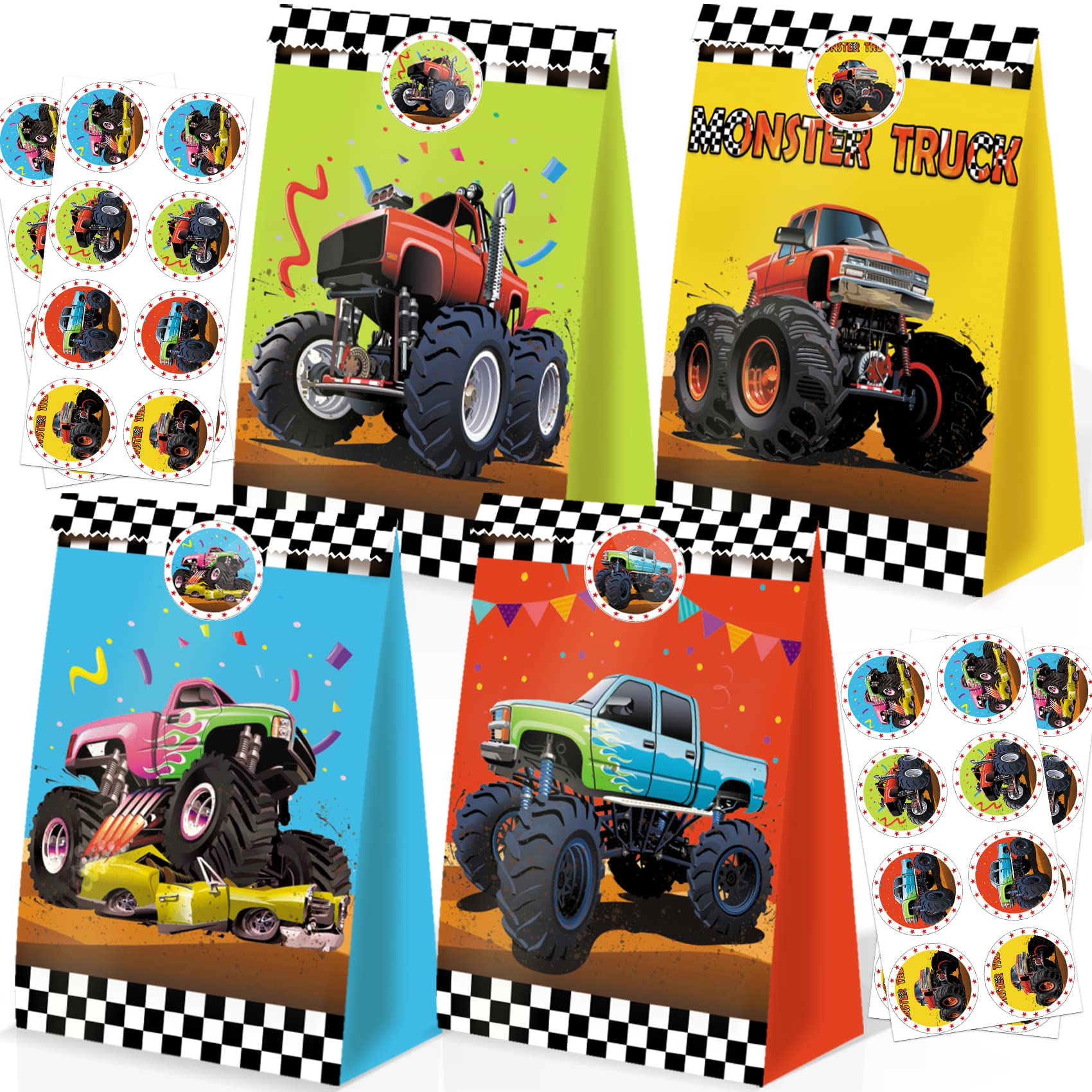 24pcs Monster Truck Goodie Bags Monster Truck Party Favors Monster Truck Treat Bags Monster Truck Birthday Party Supplies for Boys Monster Truck Party Decorations