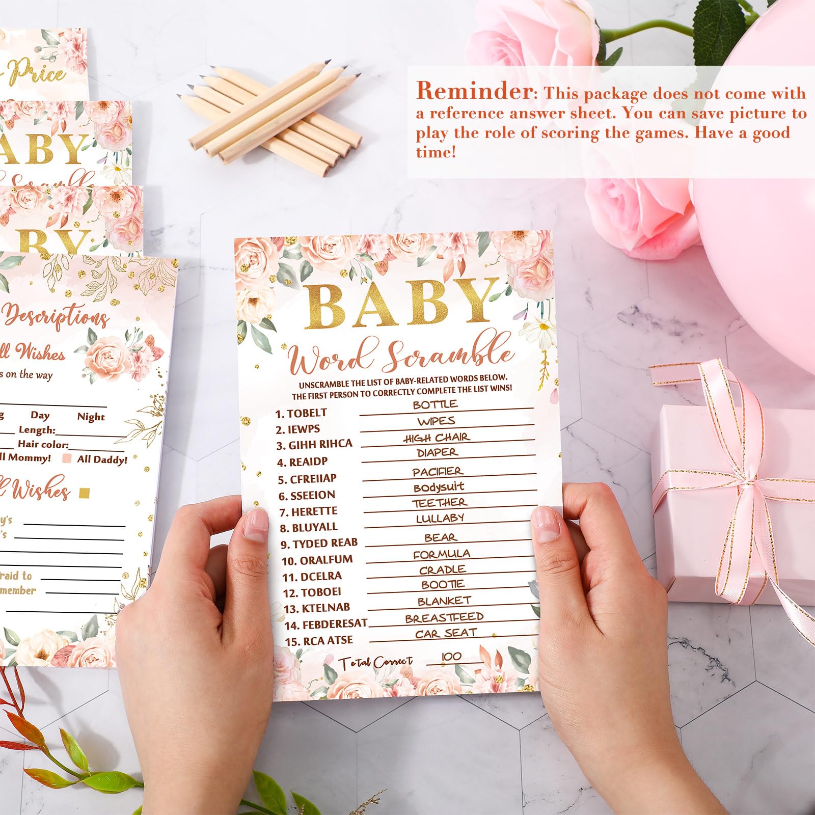 125 Pcs Floral Baby Shower Games for Girls Set of 5 Baby Shower Game Activities Floral Cards with 20 Pencils Includes Baby Bingo Guess Who Baby Price Is Right Description Word Scramble Game