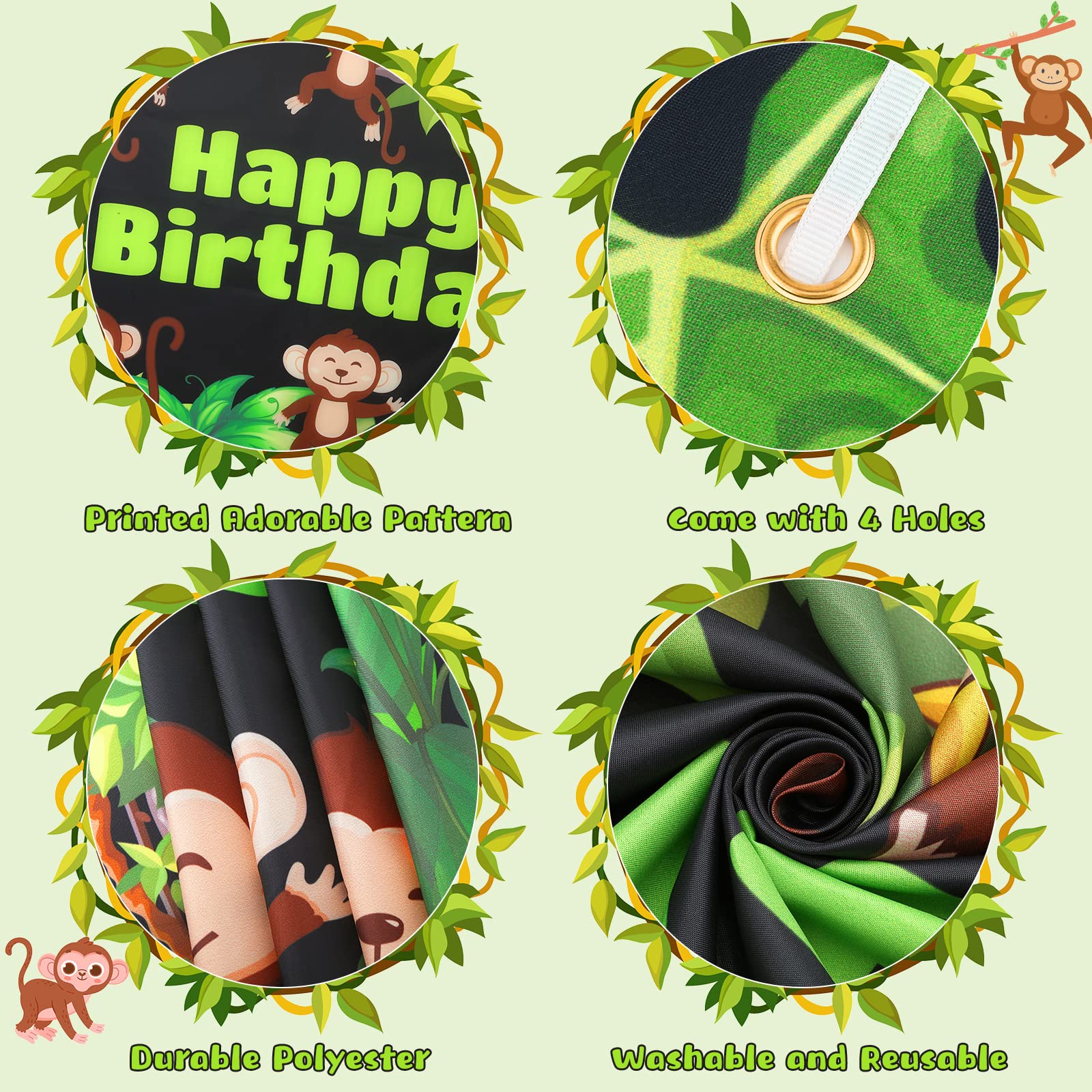 Monkey Jungle Safari Birthday Banner Decorations Cute Monkeys Theme Birthday Backdrop for Boy Girl Kid Forest Green Leaves Photography Background for Birthday Baby Shower Wild Party Supplies 71x44Inch