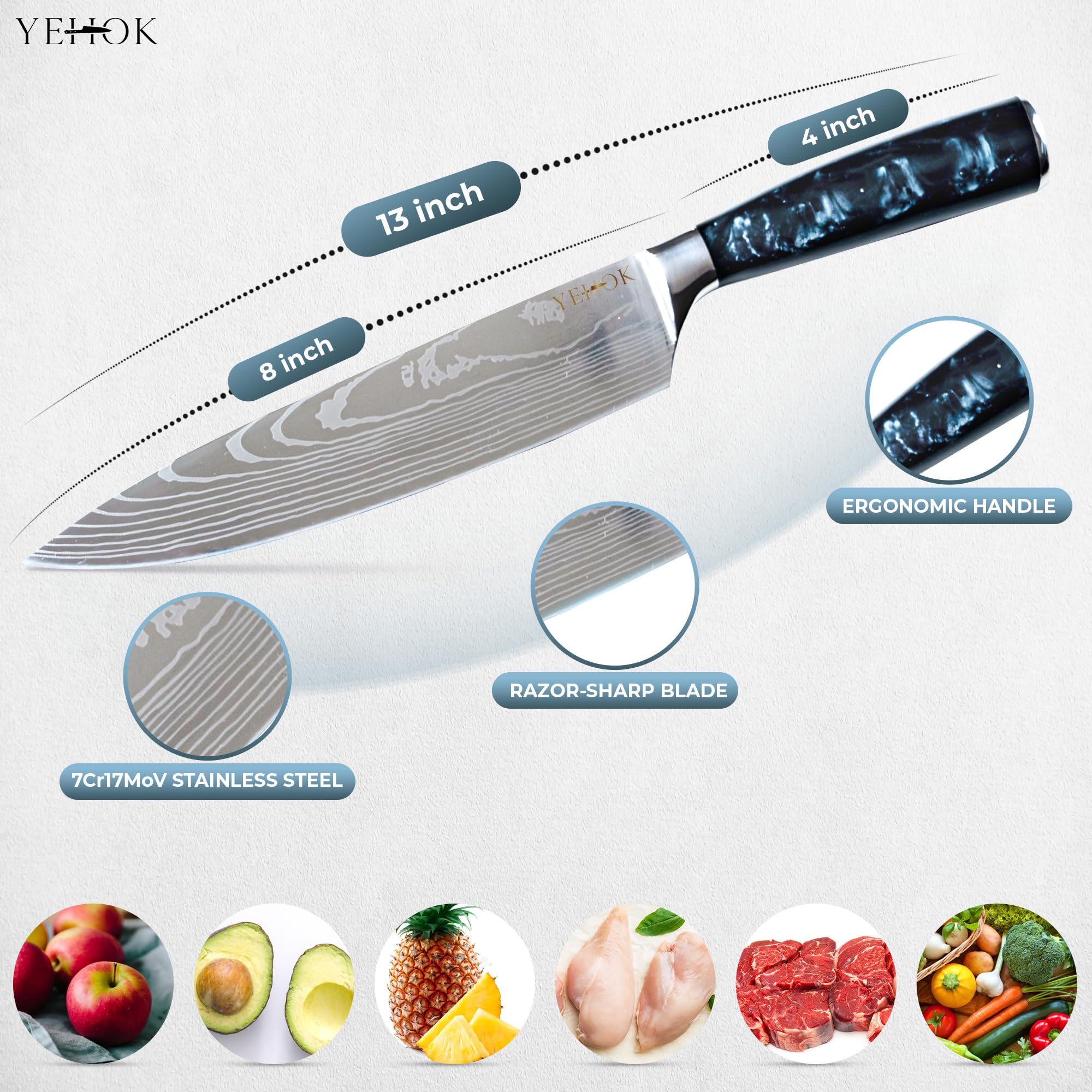 YEHOK Chef Knife | 8 Inch Professional Kitchen Knife | German High Carbon Stainless Steel | Ultra Sharp Blade and Ergonomic Handle for Chopping, Slicing | Chef's knives with Gift Box