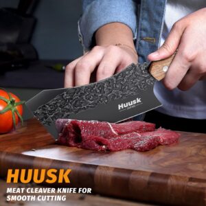 Huusk Meat Cleaver Knife with Sheath, Forged Full Tang Butcher Knife for Meat Cutting Black Viking Knife for Vegetables Cooking Knife for BBQ Camping Outdoor Gifts for Dad Thanksgiving Christmas Gift