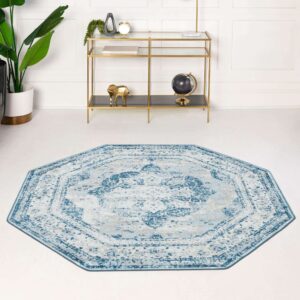 Rugs.com Monte Carlo Collection Rug – 4' Octagon Blue Medium Rug Perfect for Living Rooms, Kitchens, Entryways