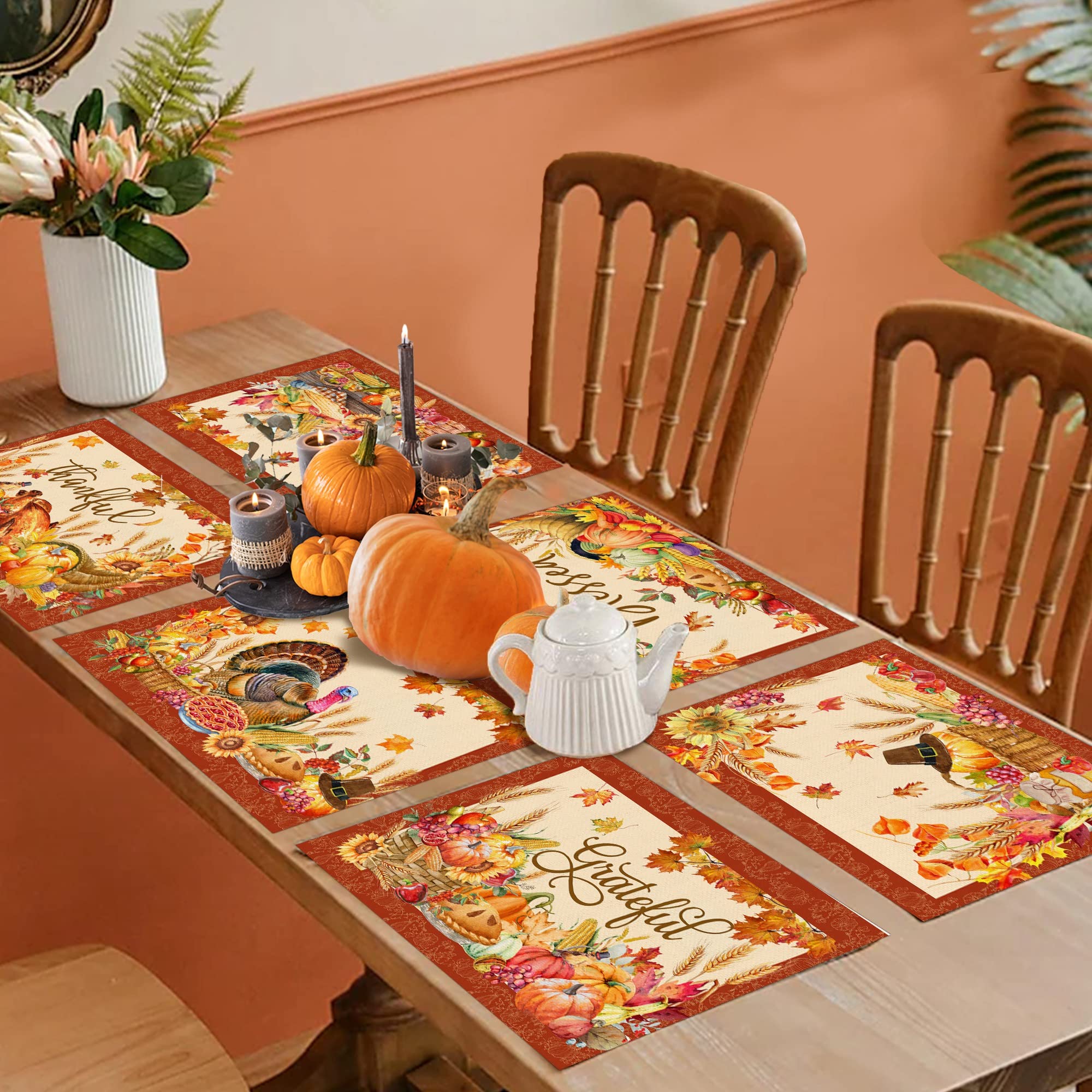 Thanksgiving Placemats Set of 6, Turkey Holiday Placemats Set of 6 12x18 Inch for Dining Table, Thanksgiving Place Mats Pumpkins Fall Leaves Orange Farmhouse Table Decor for Kitchen Dining Room Home