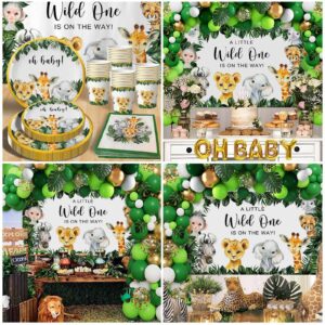 Yuzioey 224PCS Safari Baby Shower Decorations, Jungle Animals Oh Baby Party Supplies, Safari Disposable Dinnerware (Serve 24 Guests)with Paper Plates Cups, Backdrop Tablecloth Balloon Garland Kit