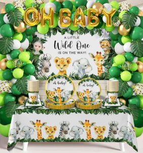 yuzioey 224pcs safari baby shower decorations, jungle animals oh baby party supplies, safari disposable dinnerware (serve 24 guests)with paper plates cups, backdrop tablecloth balloon garland kit