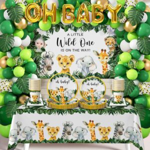 Yuzioey 224PCS Safari Baby Shower Decorations, Jungle Animals Oh Baby Party Supplies, Safari Disposable Dinnerware (Serve 24 Guests)with Paper Plates Cups, Backdrop Tablecloth Balloon Garland Kit