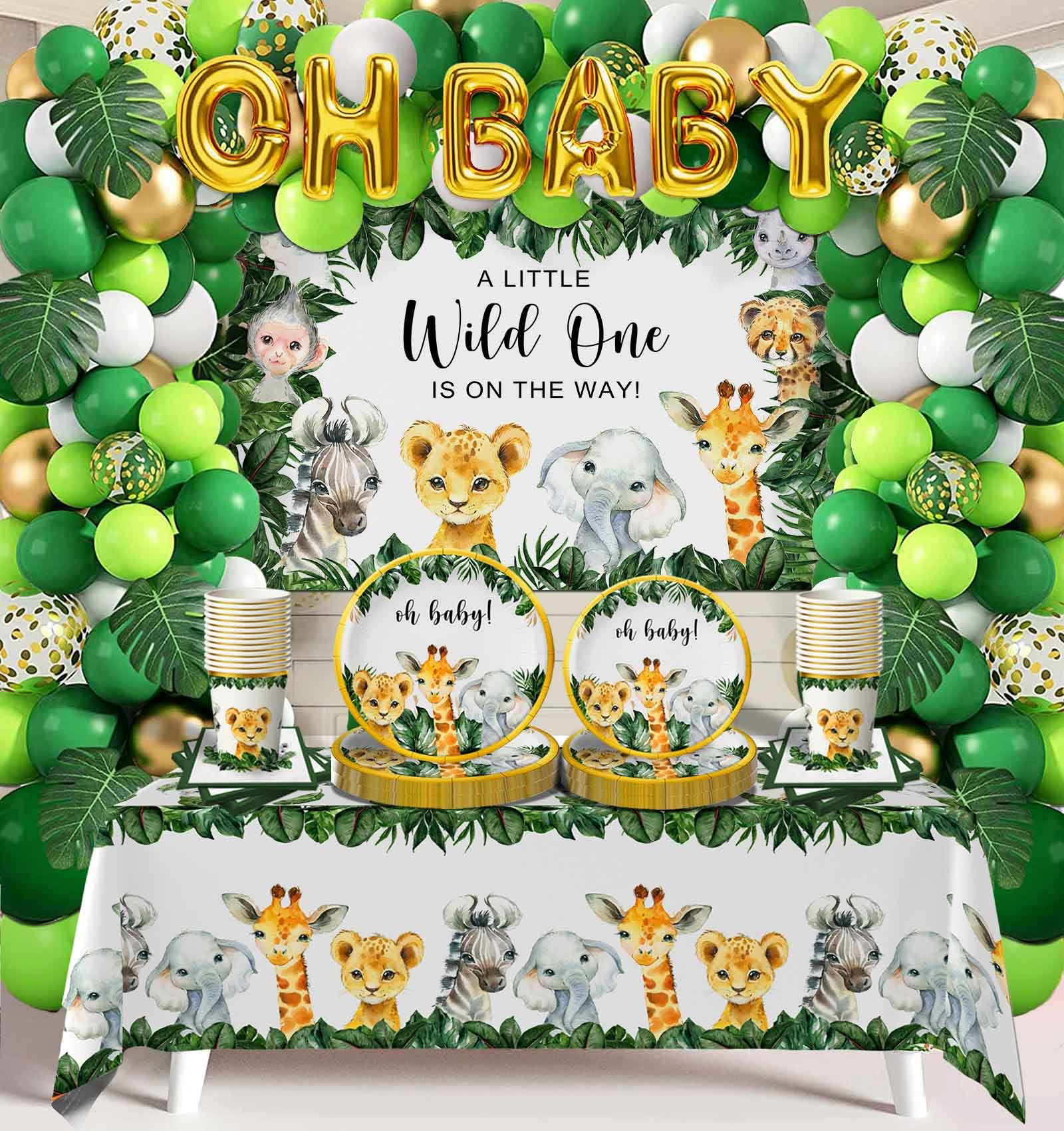 Yuzioey 224PCS Safari Baby Shower Decorations, Jungle Animals Oh Baby Party Supplies, Safari Disposable Dinnerware (Serve 24 Guests)with Paper Plates Cups, Backdrop Tablecloth Balloon Garland Kit