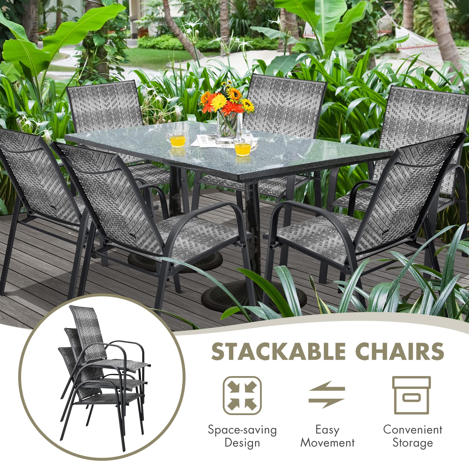 HAPPYGRILL Stackable Dining Chairs Set of 6, Outdoor PE Wicker Patio Arm Chairs with Rustproof Steel Frame, Stackable Bistro Deck Chairs for Backyard Garden and Poolside