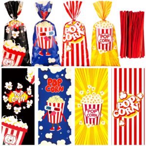 teling 100 pcs popcorn bags for party, popcorn treat bags set, 100 pcs candy bags red white stripe cookie snacks bags with 150 red twist ties for christmas carnival birthday party favor (cute style)