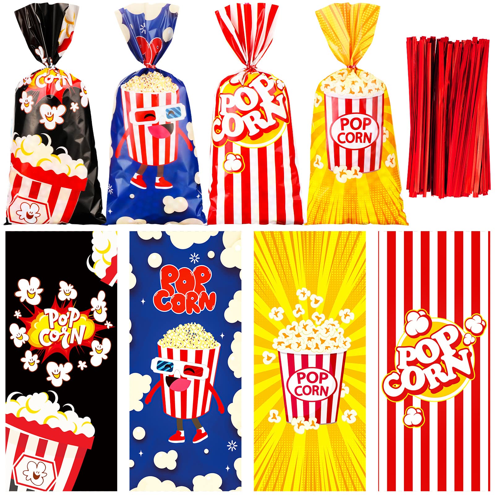 Teling 100 Pcs Popcorn Bags for Party, Popcorn Treat Bags Set, 100 Pcs Candy Bags Red White Stripe Cookie Snacks Bags with 150 Red Twist Ties for Christmas Carnival Birthday Party Favor (Cute Style)