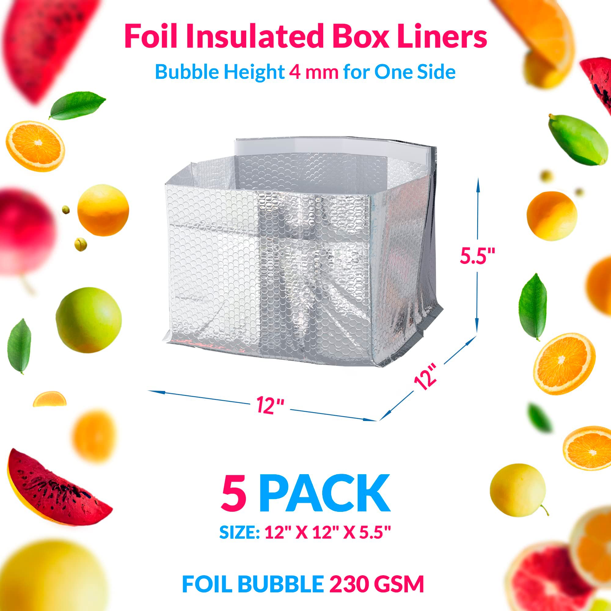 ABC 5 Pack Double Layer Foil Insulated Box Liners 12 x 12 x 5.5 inches. Fits USPS Large Flat Rate Box (12" x 12" x 5.5") Silver Shipping Boxes for Frozen Food, Odorless Insulated Containers.