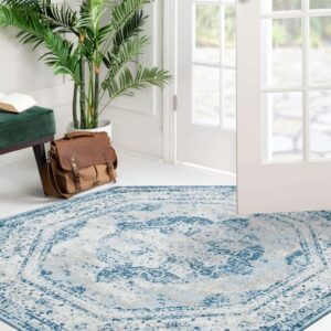 Rugs.com Monte Carlo Collection Rug – 4' Octagon Blue Medium Rug Perfect for Living Rooms, Kitchens, Entryways