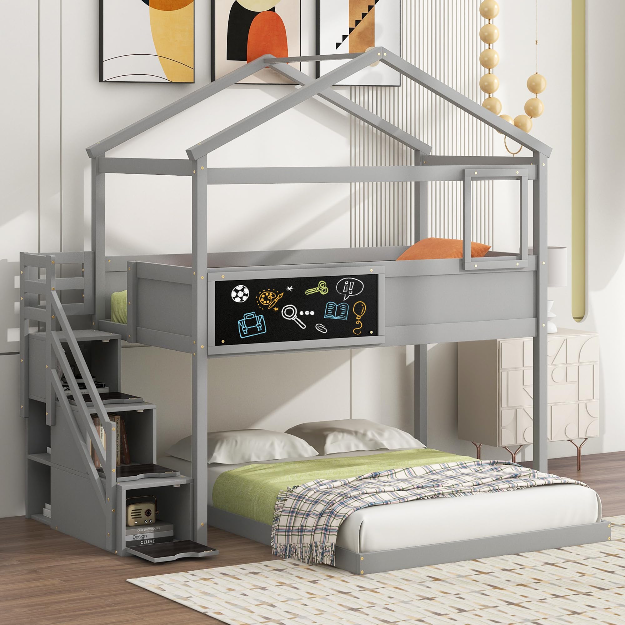 Harper & Bright Designs Twin Over Full House Bunk Bed with Stairs and Blackboard, Wood Floor Bunk Bed Frame with Storage Staircase, for Kids Teens (Gray)