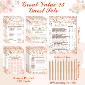 125 Pcs Floral Baby Shower Games for Girls Set of 5 Baby Shower Game Activities Floral Cards with 20 Pencils Includes Baby Bingo Guess Who Baby Price Is Right Description Word Scramble Game