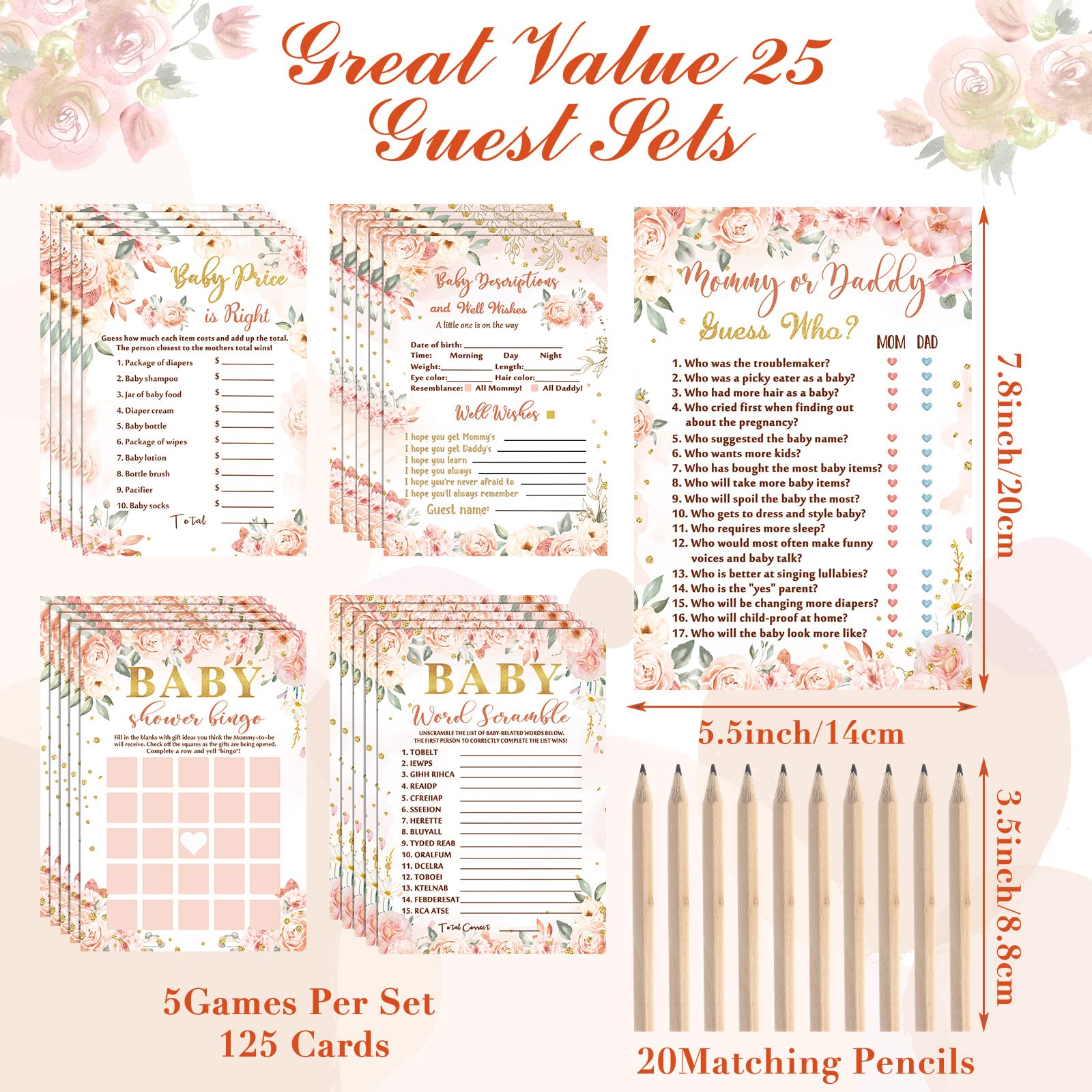 125 Pcs Floral Baby Shower Games for Girls Set of 5 Baby Shower Game Activities Floral Cards with 20 Pencils Includes Baby Bingo Guess Who Baby Price Is Right Description Word Scramble Game