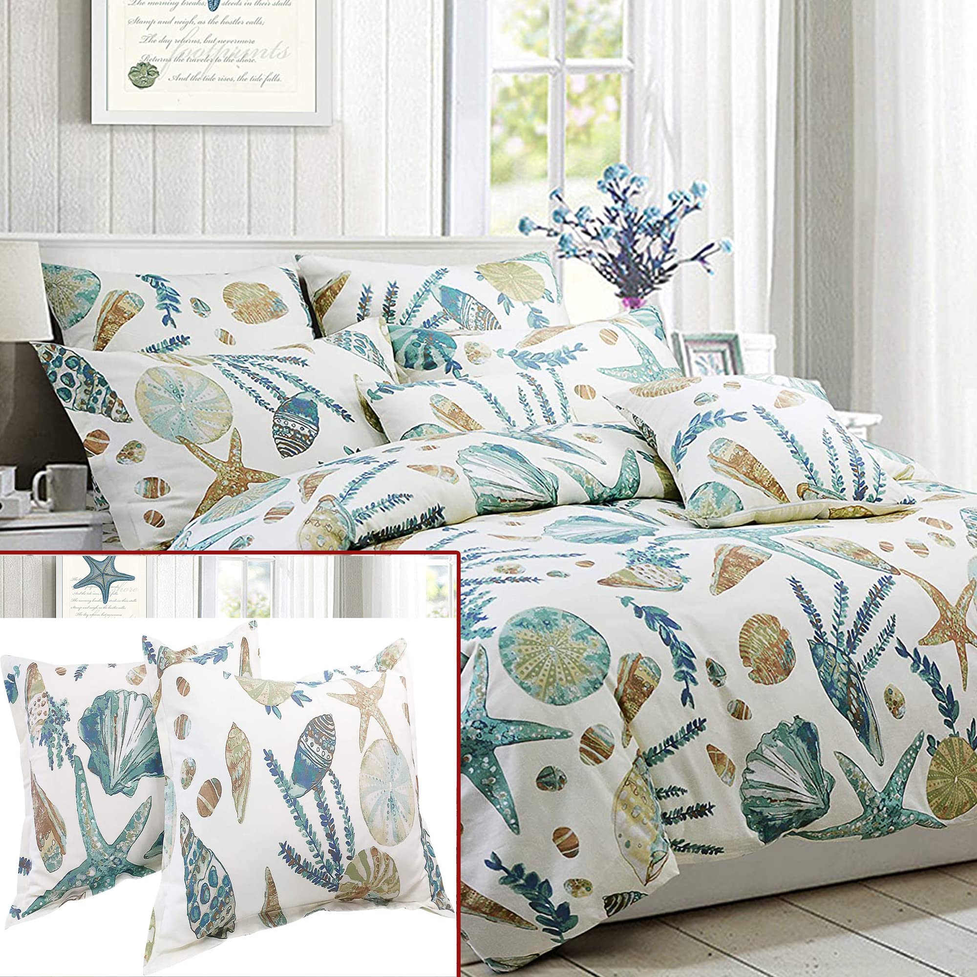 FADFAY 5Pcs Cotton Beach Themed Coastal Duvet Cover Set King/Cal King Size, 1 Duvet Cover + 4 King Size Pillowcases