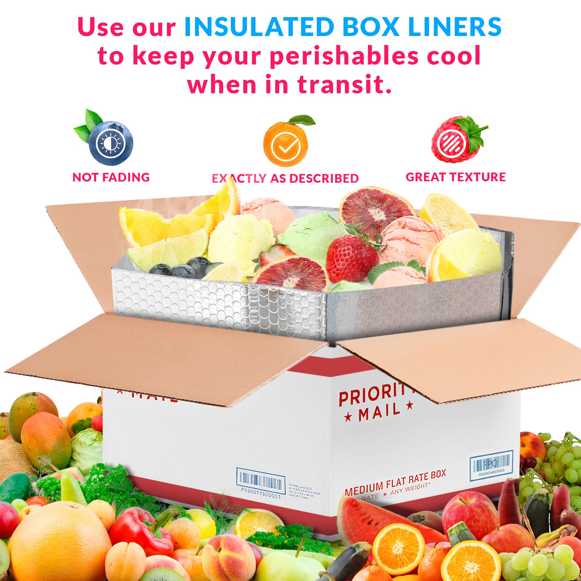 ABC 5 Pack Double Layer Foil Insulated Box Liners 12 x 12 x 5.5 inches. Fits USPS Large Flat Rate Box (12" x 12" x 5.5") Silver Shipping Boxes for Frozen Food, Odorless Insulated Containers.