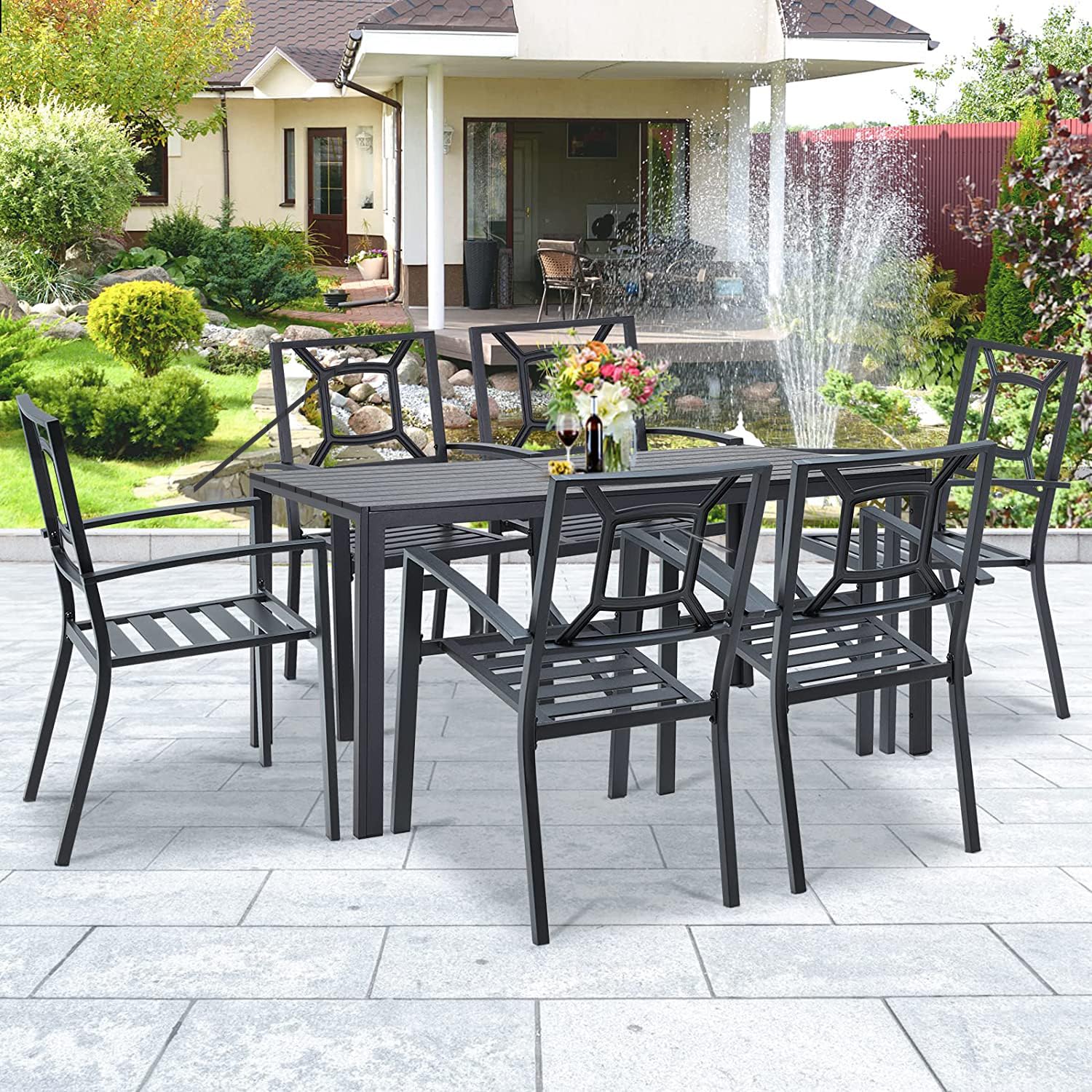 AECOJOY 7 Piece Outdoor Dining Set, Patio Table and Chairs Set with Rectangular Aluminum Table and 6 Metal Stackable Chairs for Garden, Backyard, Matte Black