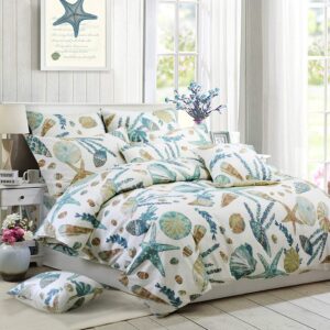 FADFAY 5Pcs Cotton Beach Themed Coastal Duvet Cover Set King/Cal King Size, 1 Duvet Cover + 4 King Size Pillowcases