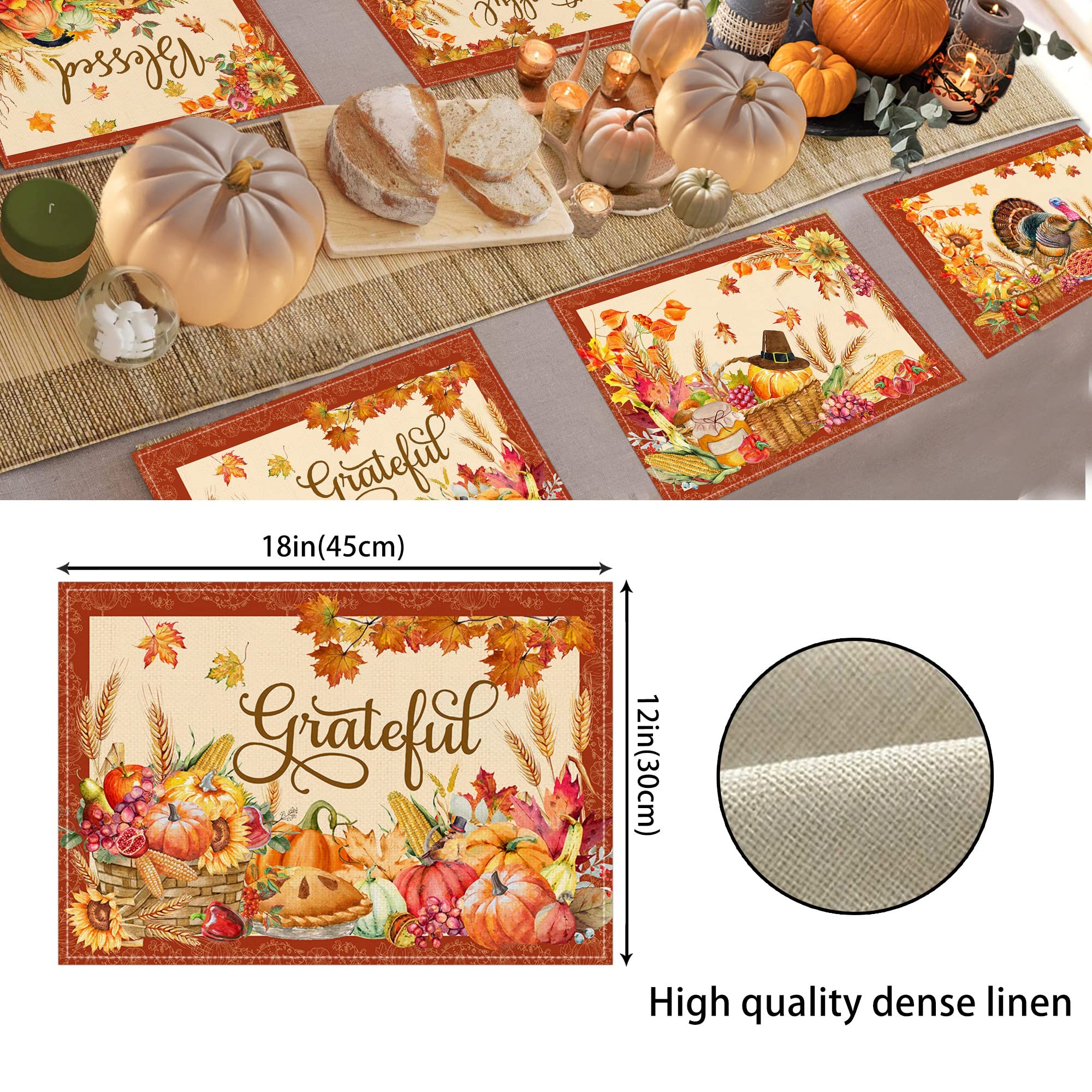 Thanksgiving Placemats Set of 6, Turkey Holiday Placemats Set of 6 12x18 Inch for Dining Table, Thanksgiving Place Mats Pumpkins Fall Leaves Orange Farmhouse Table Decor for Kitchen Dining Room Home