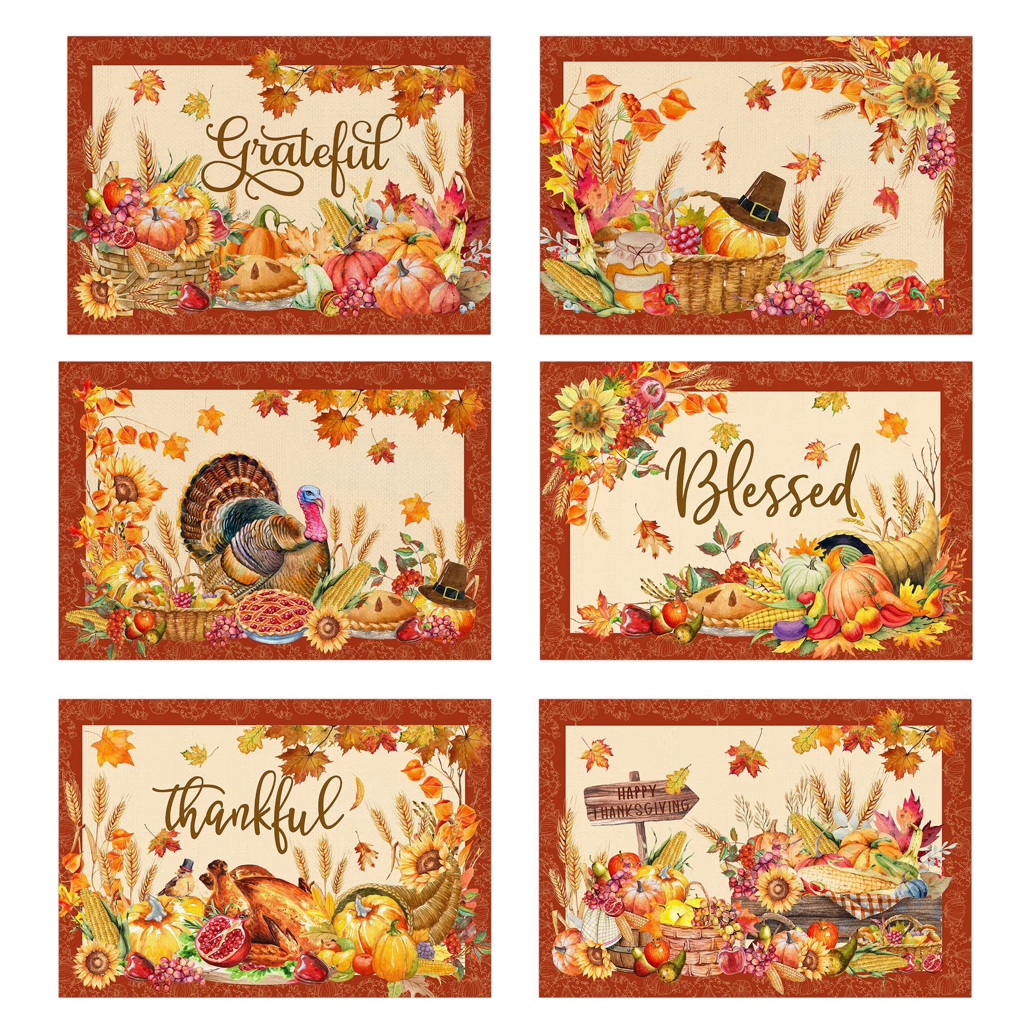 Thanksgiving Placemats Set of 6, Turkey Holiday Placemats Set of 6 12x18 Inch for Dining Table, Thanksgiving Place Mats Pumpkins Fall Leaves Orange Farmhouse Table Decor for Kitchen Dining Room Home