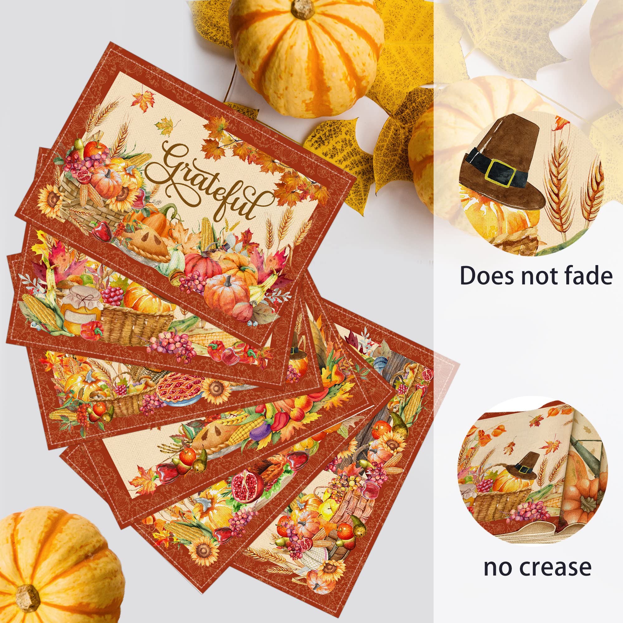 Thanksgiving Placemats Set of 6, Turkey Holiday Placemats Set of 6 12x18 Inch for Dining Table, Thanksgiving Place Mats Pumpkins Fall Leaves Orange Farmhouse Table Decor for Kitchen Dining Room Home