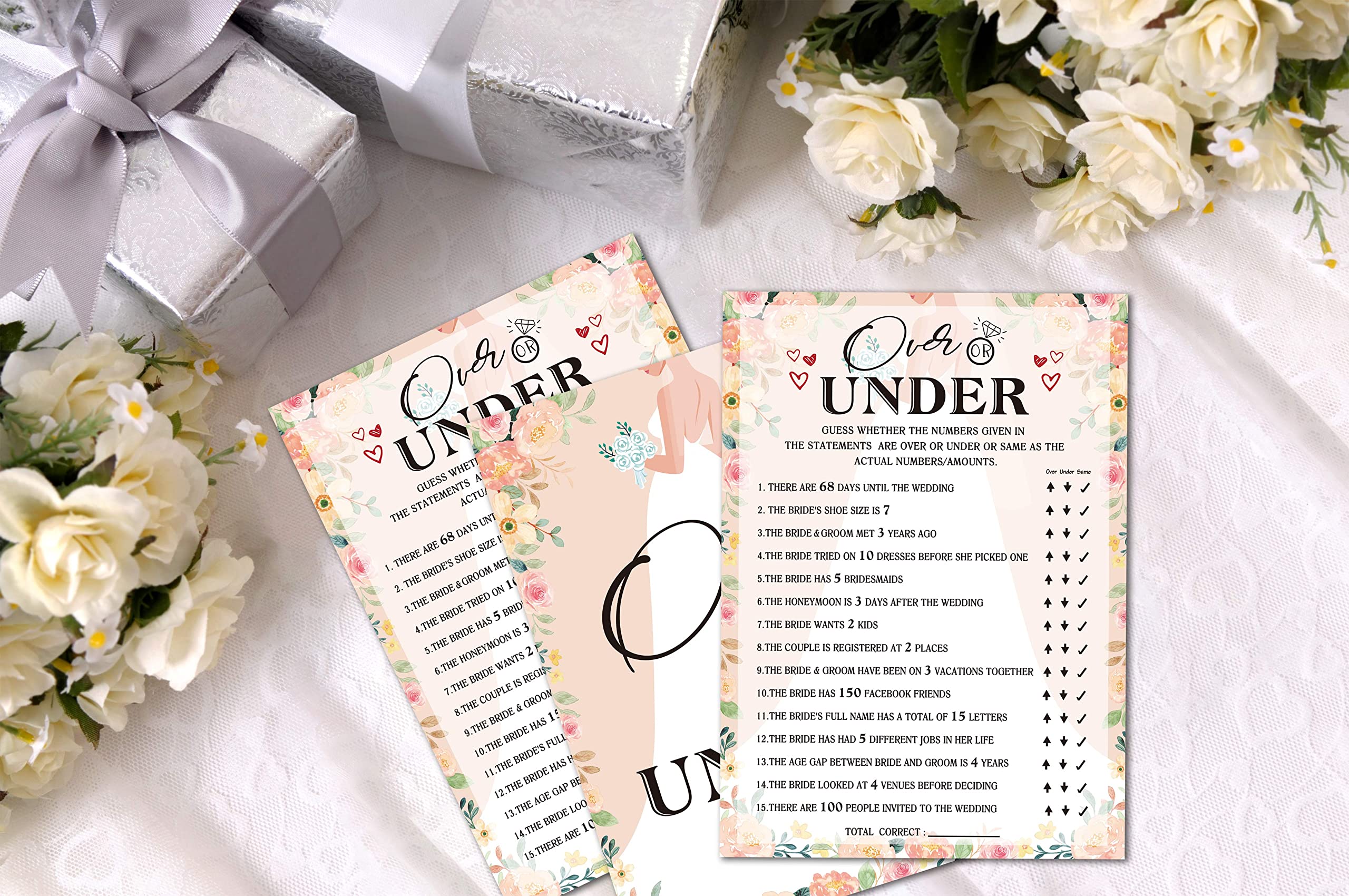 Foosproea Bridal Shower Games, Over Or Under Wedding Shower Game Card, Blush Pink Boho Floral Romantic Engagement/Bachelorette Party Ideas Activities Supplies Decorations(30 Cards) - A03