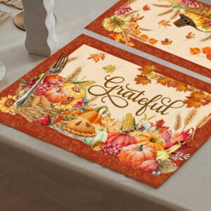 Thanksgiving Placemats Set of 6, Turkey Holiday Placemats Set of 6 12x18 Inch for Dining Table, Thanksgiving Place Mats Pumpkins Fall Leaves Orange Farmhouse Table Decor for Kitchen Dining Room Home