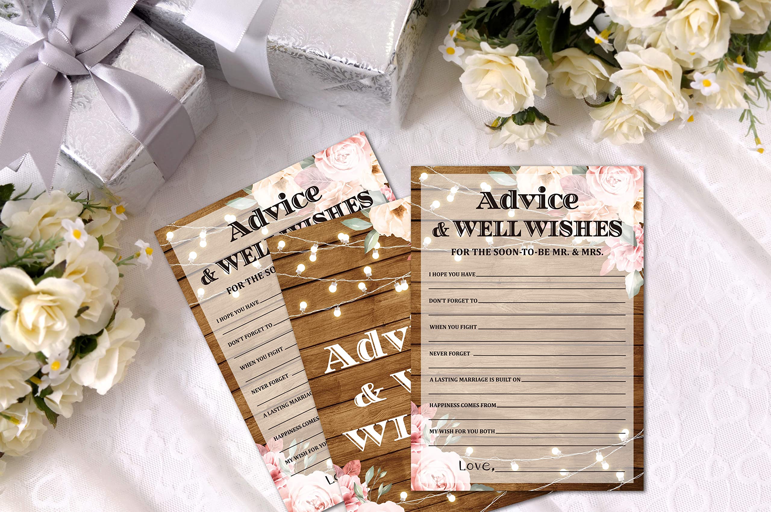 Foosproea Bridal Shower Games, Advice & Well Wishes Wedding Shower Game Card, Rustic Wood Boho Floral Romantic Engagement/Bachelorette Party Ideas Activities Supplies Decorations(30 Cards) - B07