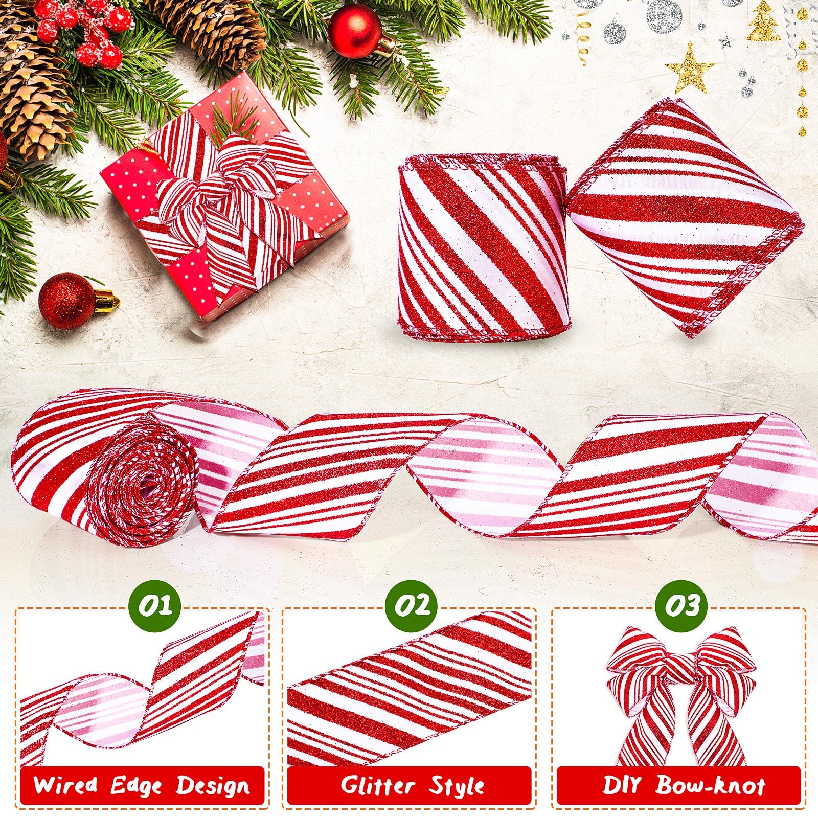 2 Rolls 20 Yards Red and White Striped Ribbons, 2.5 Inch Wide - Candy Cane Glitter Ribbons for Christmas Tree and Gift Wrapping