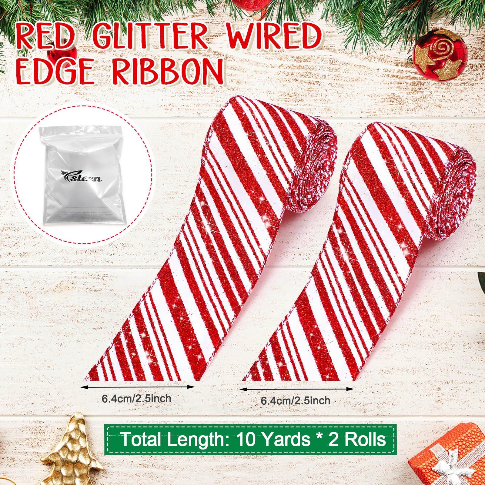 2 Rolls 20 Yards Red and White Striped Ribbons, 2.5 Inch Wide - Candy Cane Glitter Ribbons for Christmas Tree and Gift Wrapping