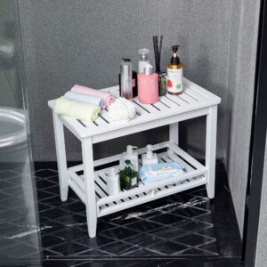 Zoopolyn Bamboo Shower Bench Seat with Storage Shelf Shower Stool Chair for Shaving Legs in Bathroom & Inside Shower White