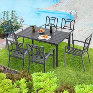 AECOJOY 7 Piece Outdoor Dining Set, Patio Table and Chairs Set with Rectangular Aluminum Table and 6 Metal Stackable Chairs for Garden, Backyard, Matte Black