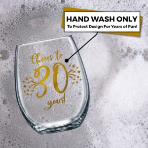 Honeyplum 30th Birthday or Anniversary Wine Glass Gift - Cheers to 30 Years - 20oz - Stunning Gold Foil Design