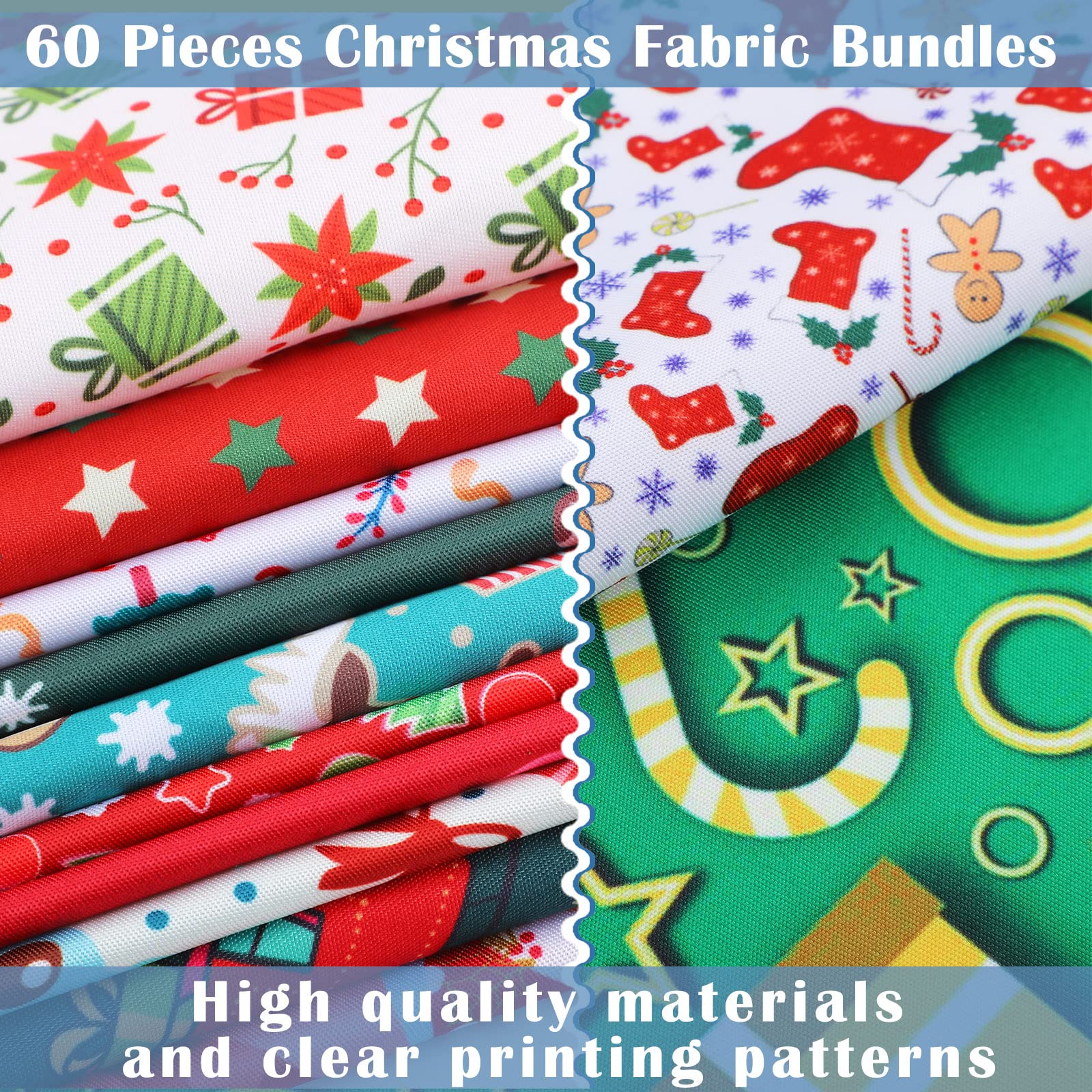 60 Pieces Christmas 10 x 10 Inch Fabric Bundles Sewing Quilting Fabric Happy Christmas Santa Claus Elk Snowflake Christmas Tree Printing Fabric Squares Craft Fabric for Patchwork Sewing DIY Party