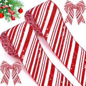 2 rolls 20 yards red and white striped ribbons, 2.5 inch wide - candy cane glitter ribbons for christmas tree and gift wrapping