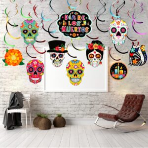 Day of The Dead Decorations Dia De Los Muertos Hanging Swirls Decor Sugar Skull Flowers Day of the Dead Decor for Birthday Mexican Party Supplies, Set of 50