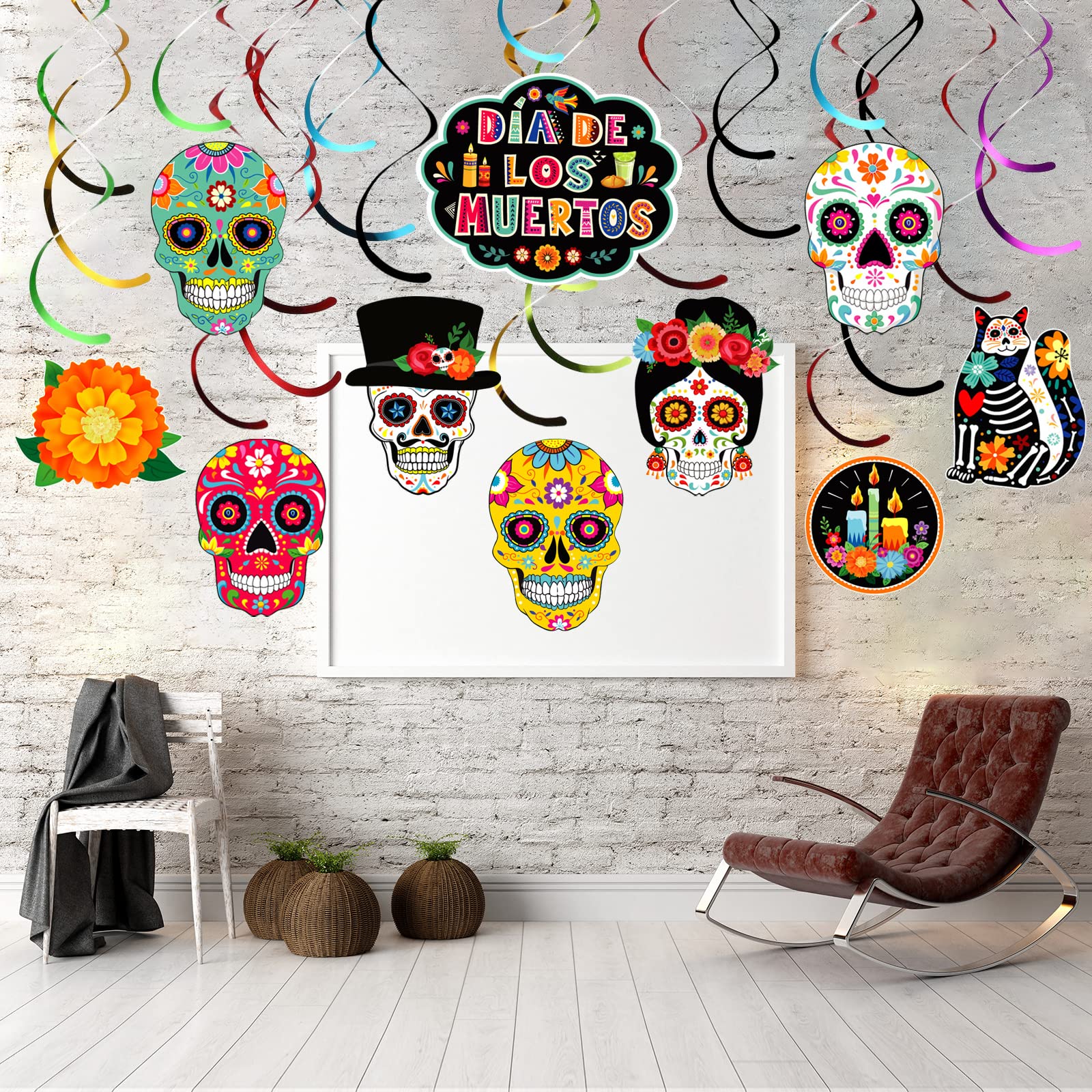 Day of The Dead Decorations Dia De Los Muertos Hanging Swirls Decor Sugar Skull Flowers Day of the Dead Decor for Birthday Mexican Party Supplies, Set of 50