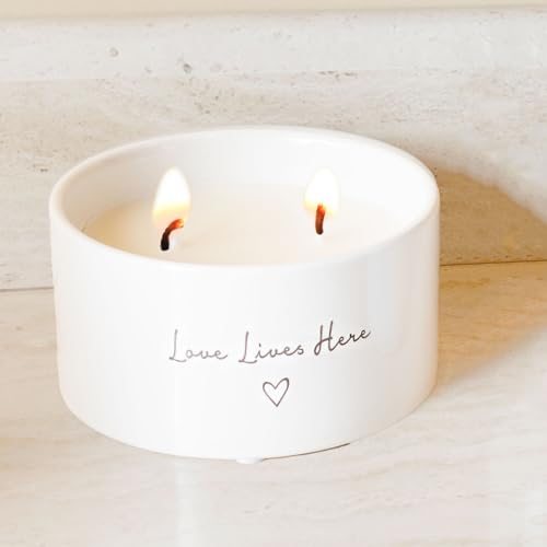 Pavilion - Love Lives Here - 10 oz Soy Wax Ceramic Vessel Candle Housewarming Apartment-Warming Gift Present Neutral Home Decor