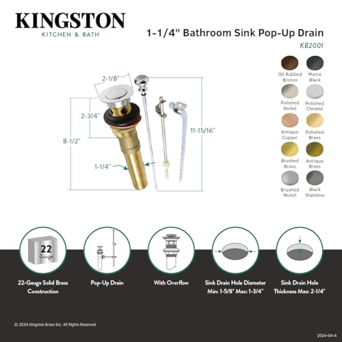 Kingston Brass KB2002 Trimscape Pop-Up Drain with Overflow, Polished Brass