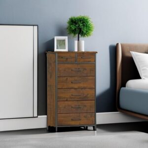 IKENO 7 Drawer Tall Dresser with Sturdy Metal Frame, Industrial Drawer Chest for Bedroom, Clothes Storage Cabinet