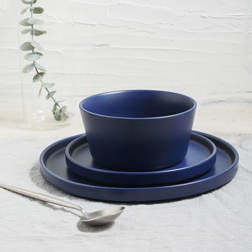 Stone Lain Celina Modern Stoneware 24-Piece Dinnerware Set, Dinner and Salad Plates, Soup Bowls, Dish set for 8, Blue