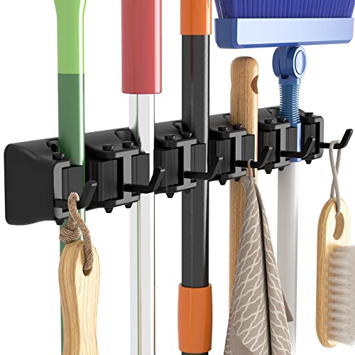 Lifewit Mop and Broom Holder Wall Mount, Anti-Slip Broom Hanger for Kitchen Organization, Heavy Duty Cleaning Supplies Organizer, Easy Install Tool Organizer for Closet, Garage, 5 Slot 6 Hooks, Black