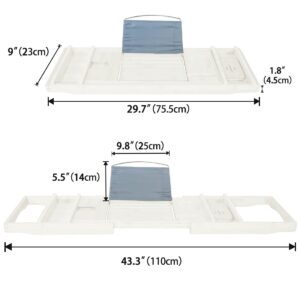 ZHTYRE Bamboo Bathtub Caddy Tray, White, 29.5"-43" Expandable, Non-slip, with Bamboo Bookshelf and Soap Tray Shelf, 1 or 2 Person Bath and Bed Tray