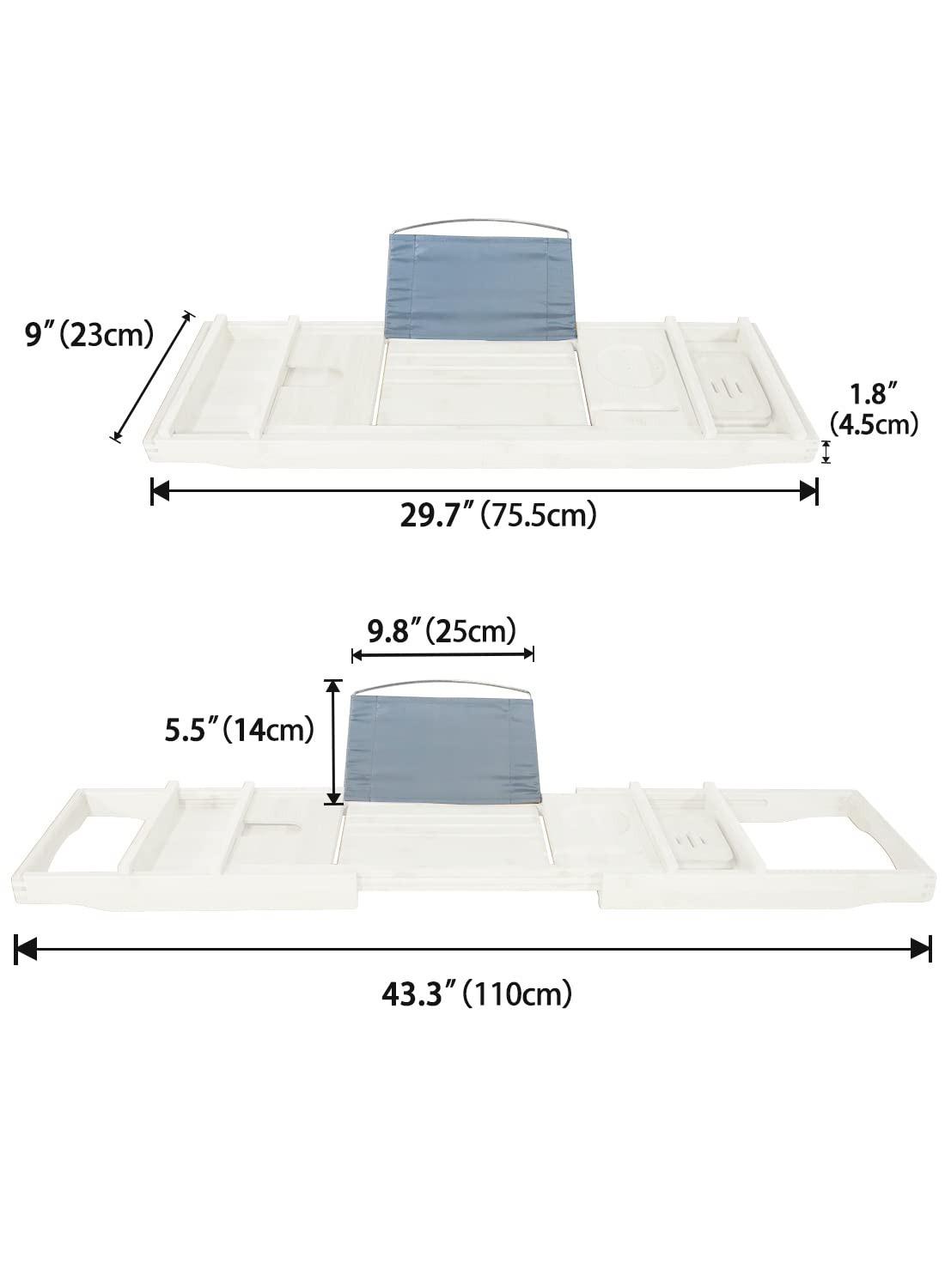 ZHTYRE Bamboo Bathtub Caddy Tray, White, 29.5"-43" Expandable, Non-slip, with Bamboo Bookshelf and Soap Tray Shelf, 1 or 2 Person Bath and Bed Tray