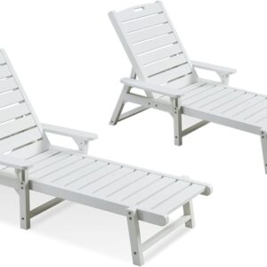 Psilvam Chaise Lounges Set of 2, Lounge Chairs with Adjustable Backrest, Supports Up to 350 lbs, All Weather Recliner Poly Lumber Lounges Bed for Poolside, Porch, Patio（White (2)